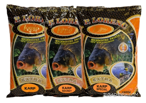 Červená vnadící směs Lorpio Extra Kapr Secret s jahodovým aroma a hrubou strukturou, 1,9kg.