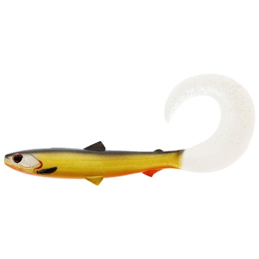 Detailní záběr na gumovou nástrahu Westin Bullteez Curltail 14cm v realistickém přírodním zbarvení plotice Official Roach